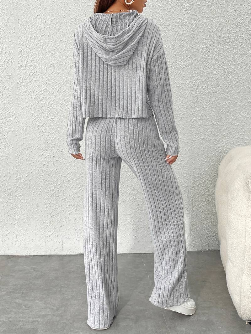 Women's rib-knit 2-piece set with hood and relaxed long-sleeve top - matching pants for everyday wear, leisure, and casual style