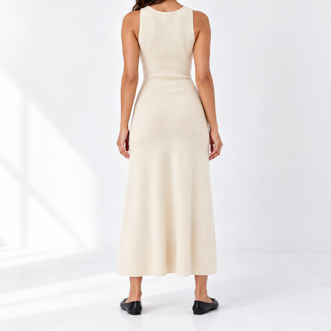 Women's Sleeveless Knit Midi Dress with Crew Neck and Front Button Closure – Fitted Dress for Stylish Everyday Outfits and Smart-Casual Looks
