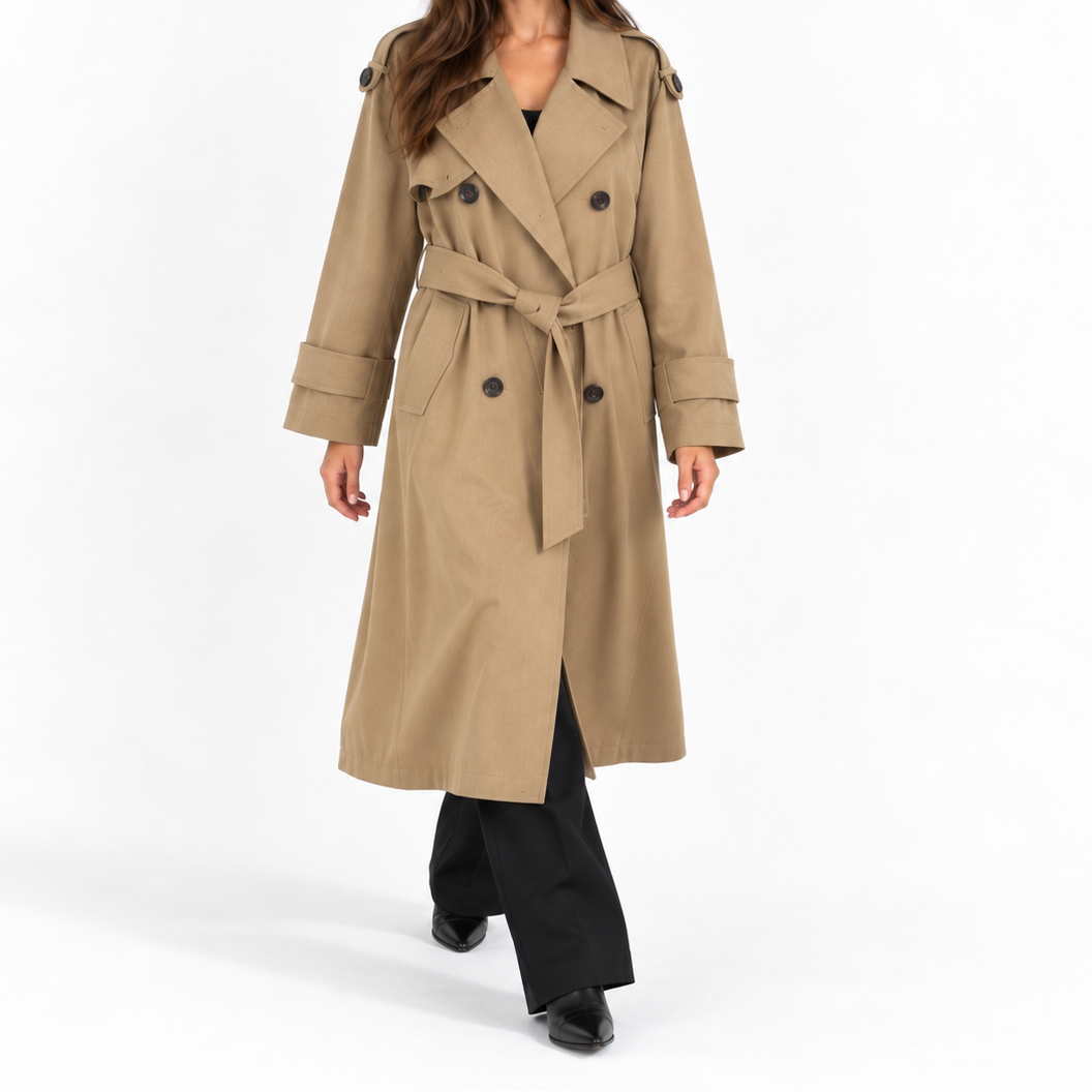 Trench lung de damă, cu închidere la două rânduri de nasturi, rever lat și cordon în talie – palton elegant, cambrat, pentru birou și ținute elegante de toamnă