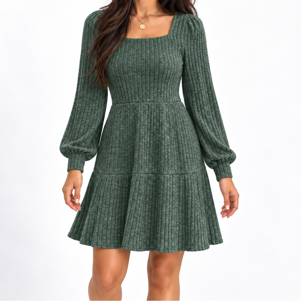 Rochie mini reiată de damă, cu decolteu pătrat și mâneci lungi – Rochie cambrată, cu fustă evazată, pentru toamnă, iarnă și ocazii festive