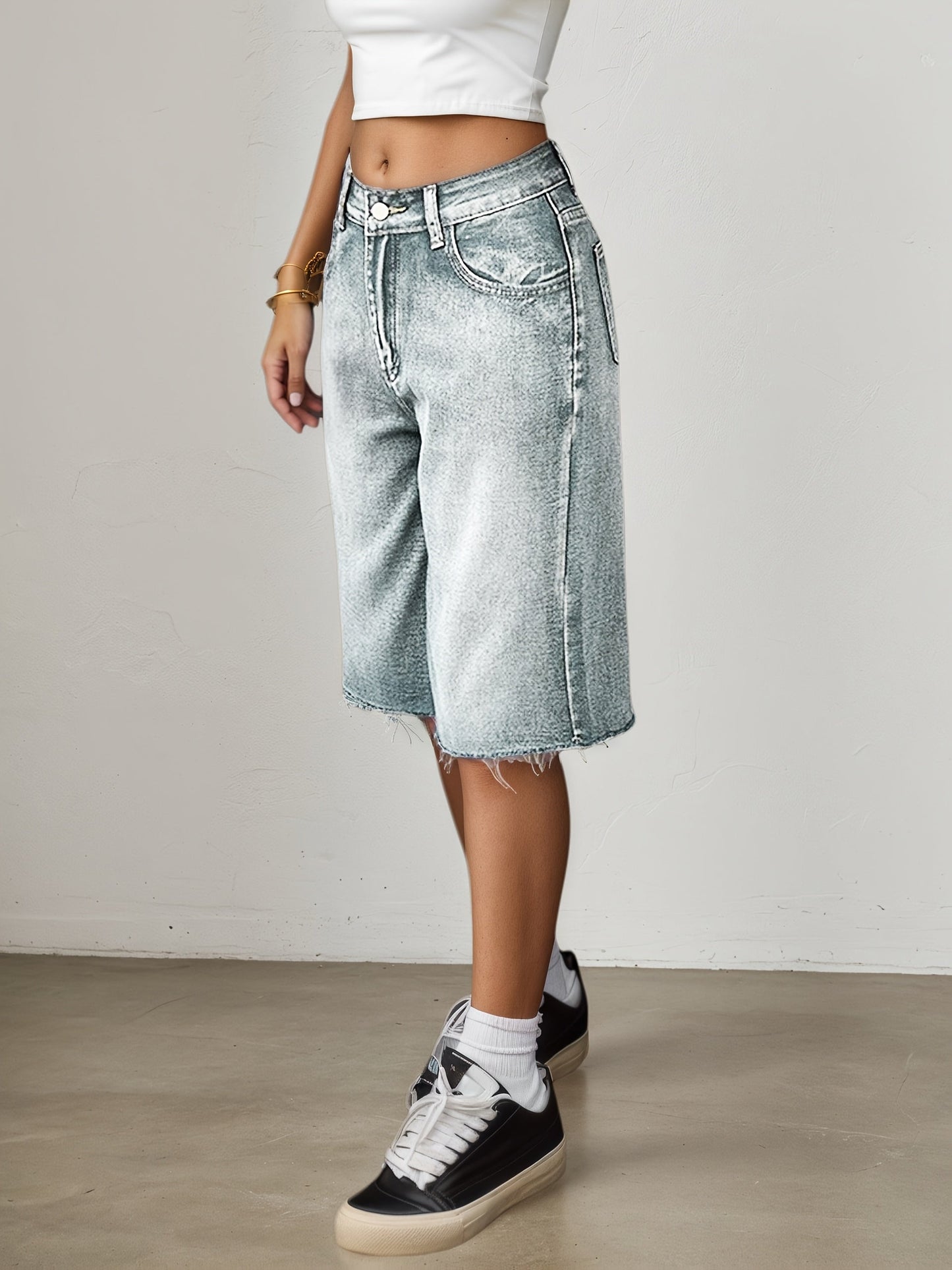 Dame Denimshorts Med Høj Talje Og Brede Ben – Afslappede Knælange Jorts Til Sommer, Ferie, Hverdagsbrug Og Casual Outfits