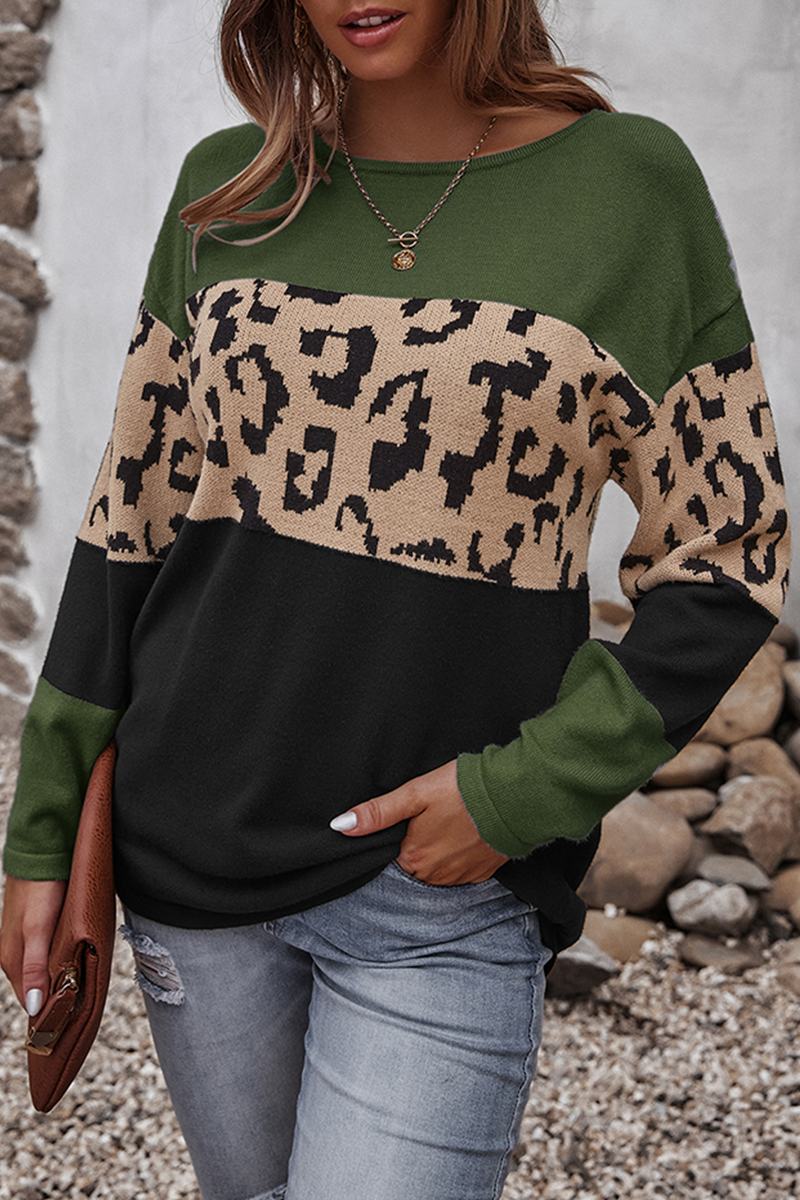 Dame Striksweater Med Leopard Color-block Design Og Lange Ærmer – Afslappet Pullover Til Vinter, Hverdagsbrug Og Stilfuld Lag-på-lag Styling