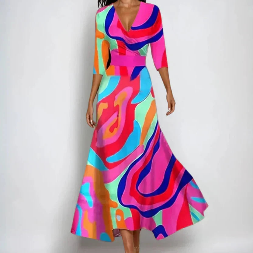 Rochie maxi petrecută pentru femei, cu imprimeu floral și mâneci 3/4 – rochie de vară elegantă, în linie A, pentru nunți, brunch și ocazii festive