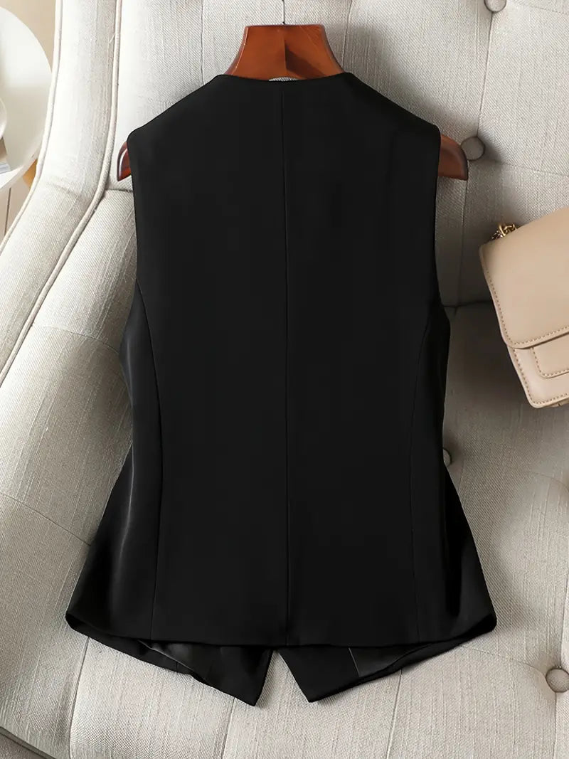 Vestă cambrată pentru femei, cu decolteu în V și închidere cu nasturi – top elegant fără mâneci, pentru birou și ținute smart casual