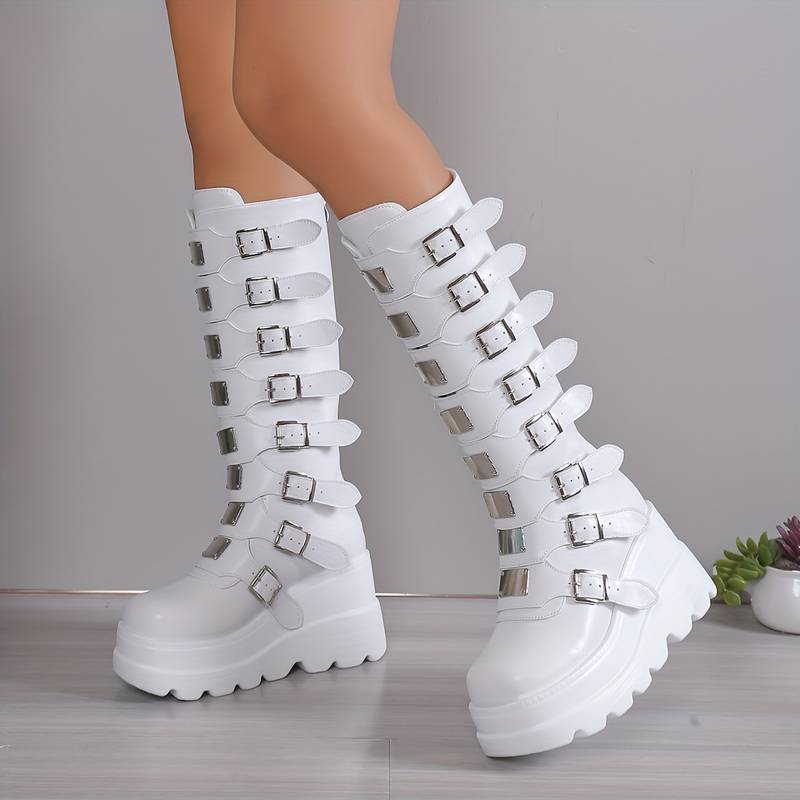 Women's Knee-High Platform Boots with Multiple Buckles - Statement Boots with Chunky Soles for Edgy City Style and Festivals