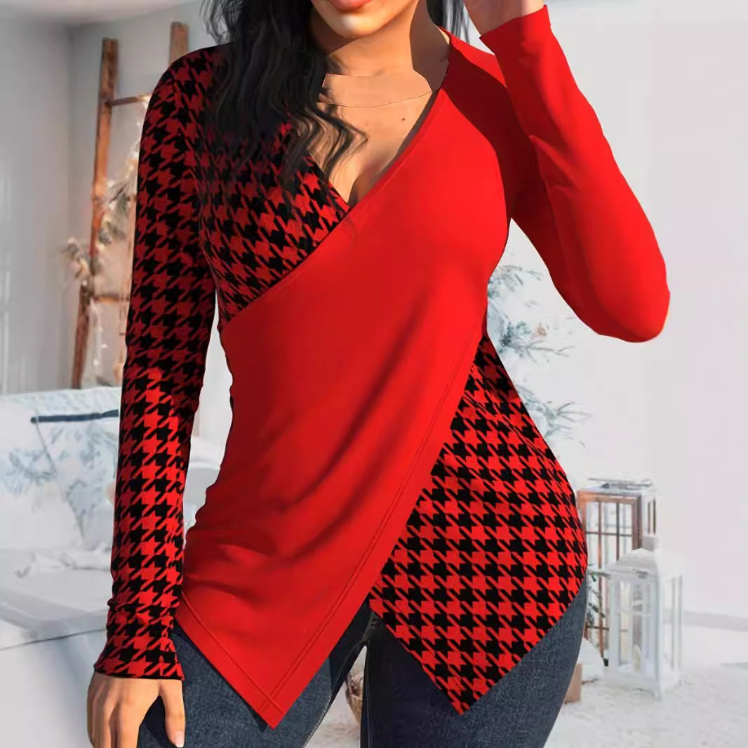 Women's Color-Block Blouse with Long Sleeves and Wrap Front – Patterned Top for Fall, Winter, and Stylish Everyday Wear