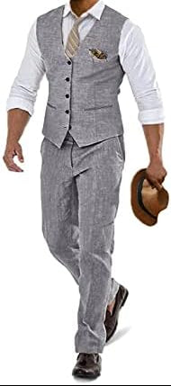 Conjunto de verano de lino para hombre con chaleco y pantalón – Atuendo ligero y elegante para bodas, fiestas de verano y ocasiones festivas