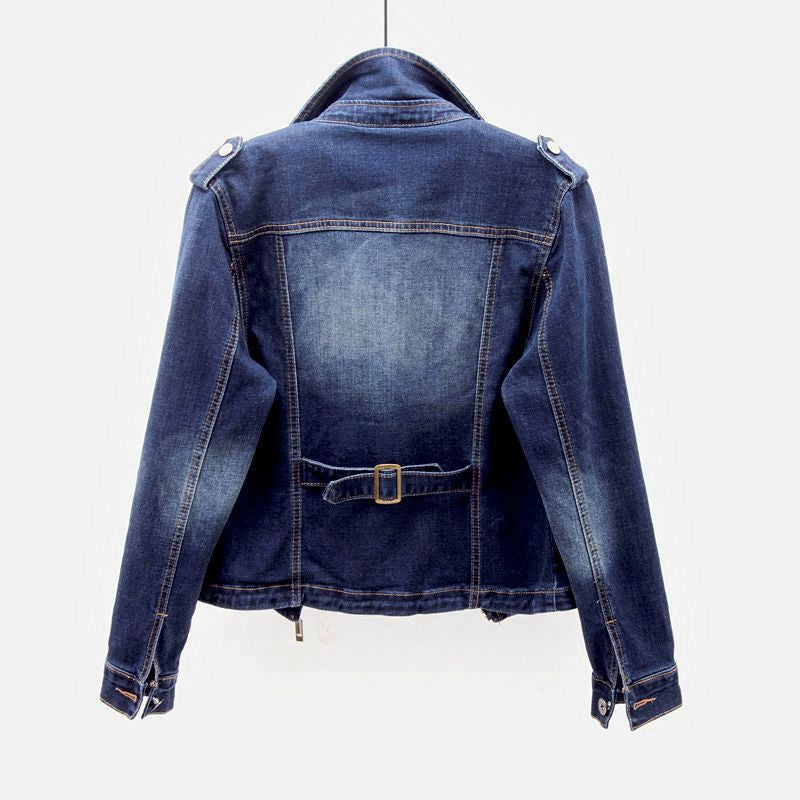 Chaqueta motera corta de denim para mujer con cremallera y cuello de solapa - Chaqueta moderna de inspiración motera para el día a día informal y un estilo urbano
