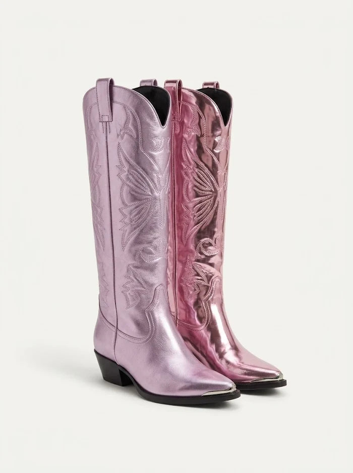 Women's metallic knee-high Western boots with embroidery - statement cowboy boots for festivals, Western style, and eye-catching outfits