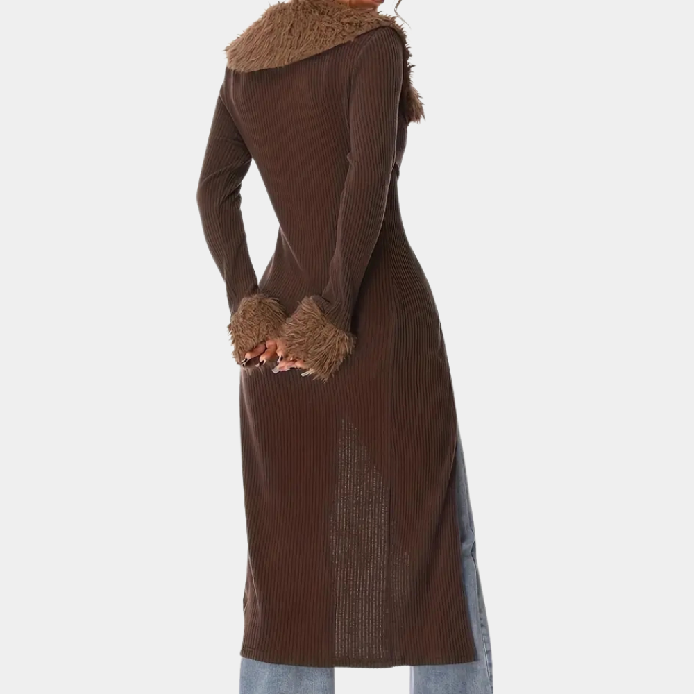 Dame Lang Strikket Cardigan Med Imiteret Pelskant – Elegant Figursyet Overdel Til Efterår, Vinter, Aftenarrangementer Og Hverdagsbrug