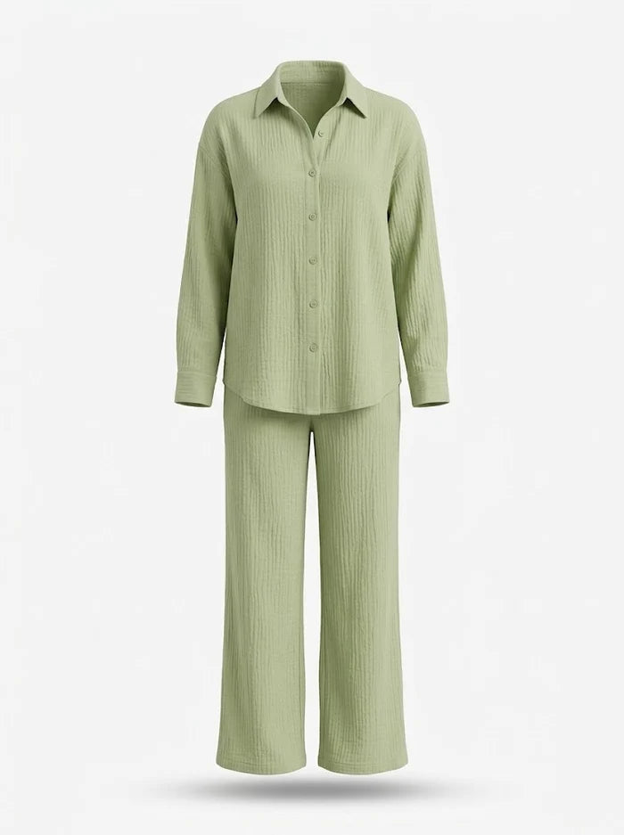 Women's Cotton Shirt and Pants Set with Casual Long-Sleeved Button-Up Shirt and Wide-Leg Pants - Comfortable Set for Home, Everyday Wear and Leisure