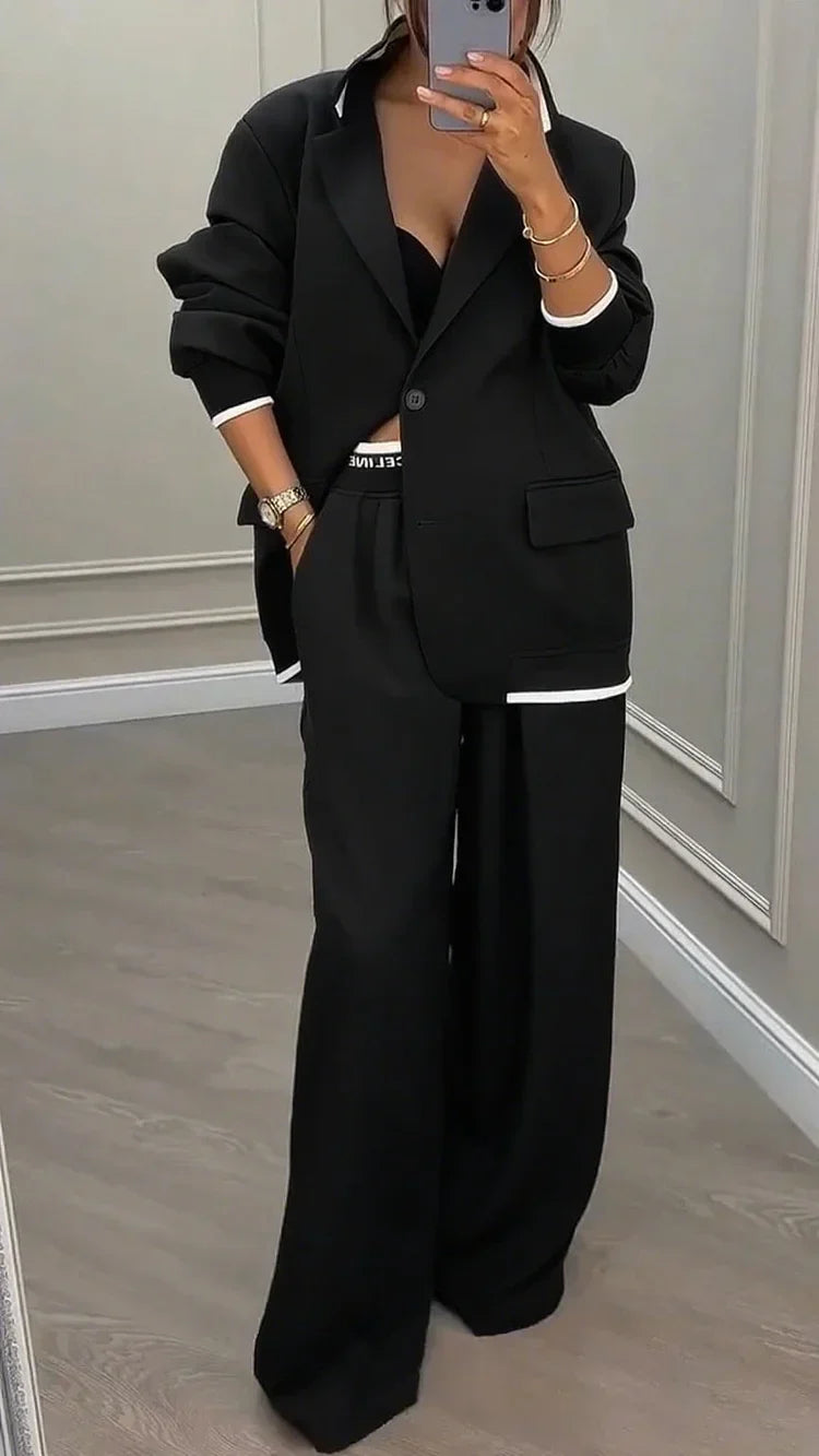 Dámský oversized kostým s jednořadým sakem a širokými kalhotami na míru – elegantní souprava do práce, kanceláře a pro styl smart casual