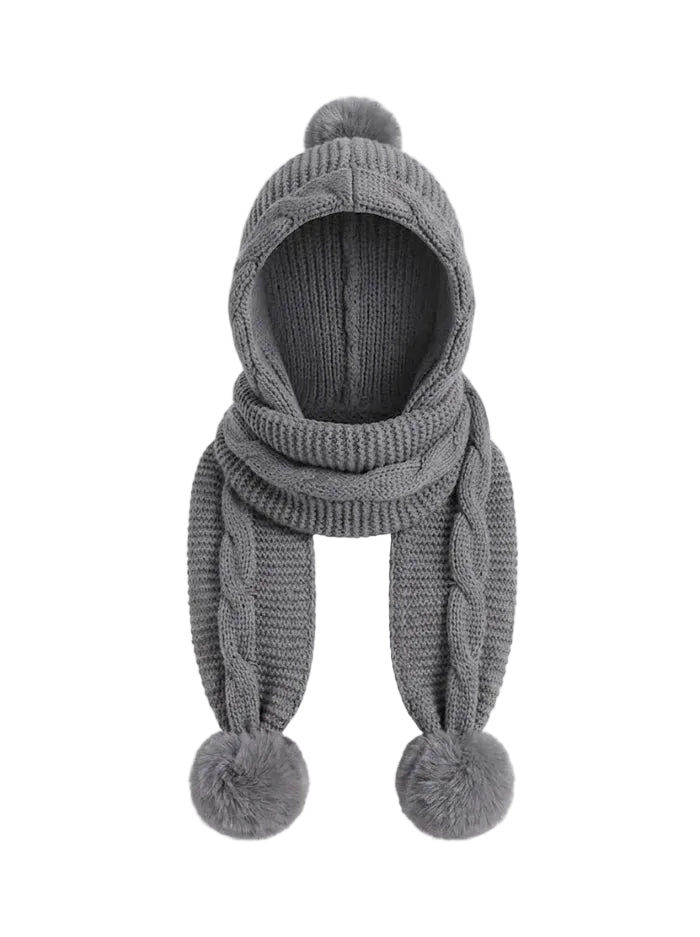 Women's Knitted Hooded Scarf In A Chunky Design With Large Pom-Pom Ties - Warm Winter Accessory For Cold Days, Everyday Wear And Leisure