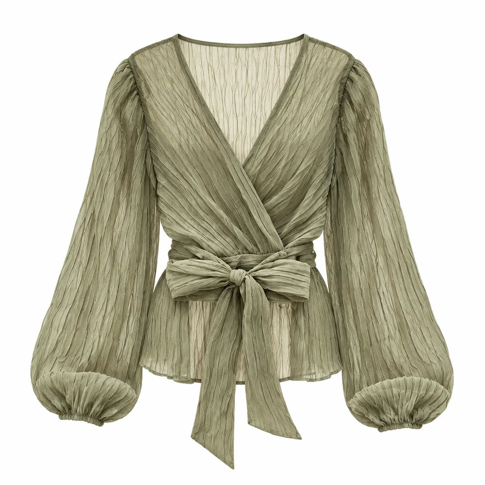 Women's wrap blouse with V-neck and pleated long sleeves - elegant top with a front tie for stylish everyday wear and smart-casual outfits