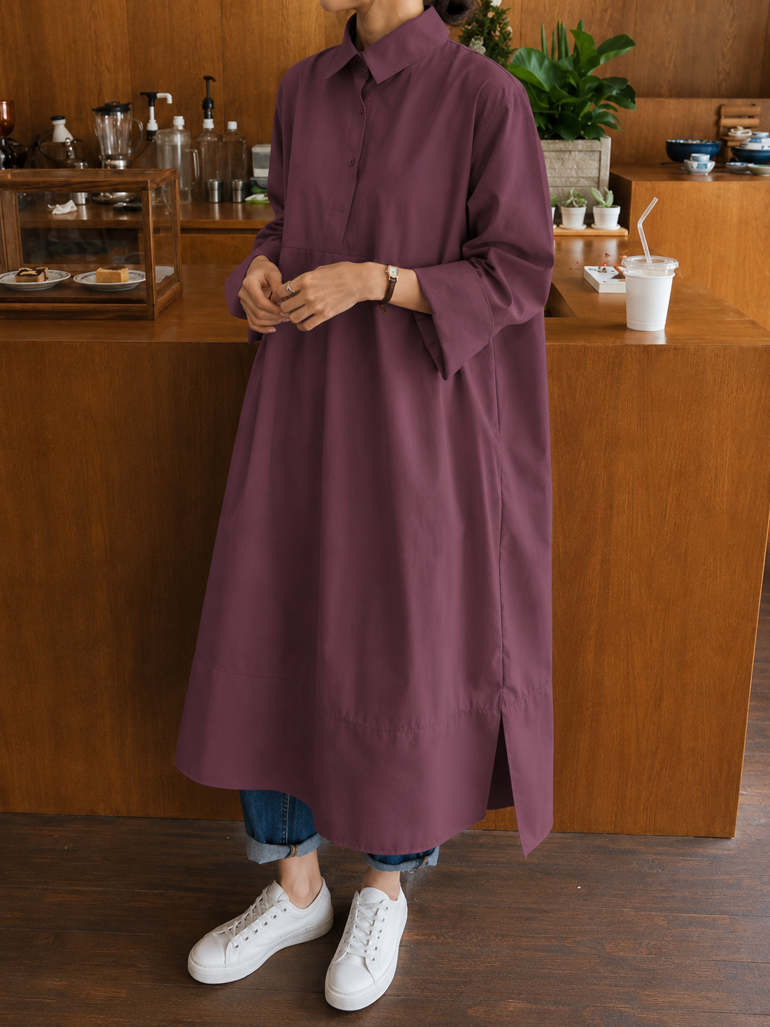 Dámské oversized košilové šaty s límečkem a zapínáním na knoflíky – pohodlné midišaty do práce, na víkendy i stylové každodenní nošení
