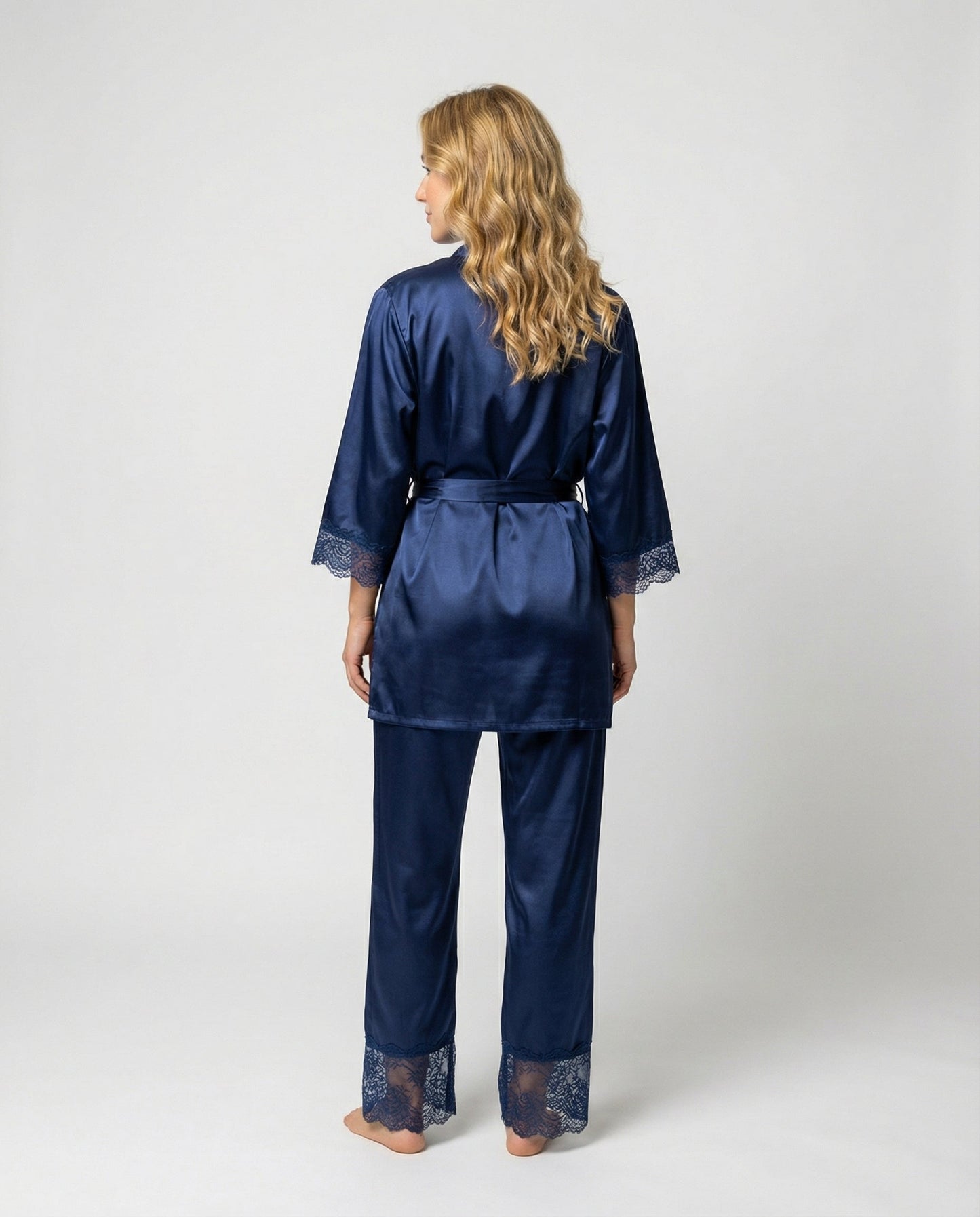 Women's Pajama Set with Lace Details and Belted Kimono – Elegant Loungewear Set for Relaxation, Evenings, and Comfortable Days