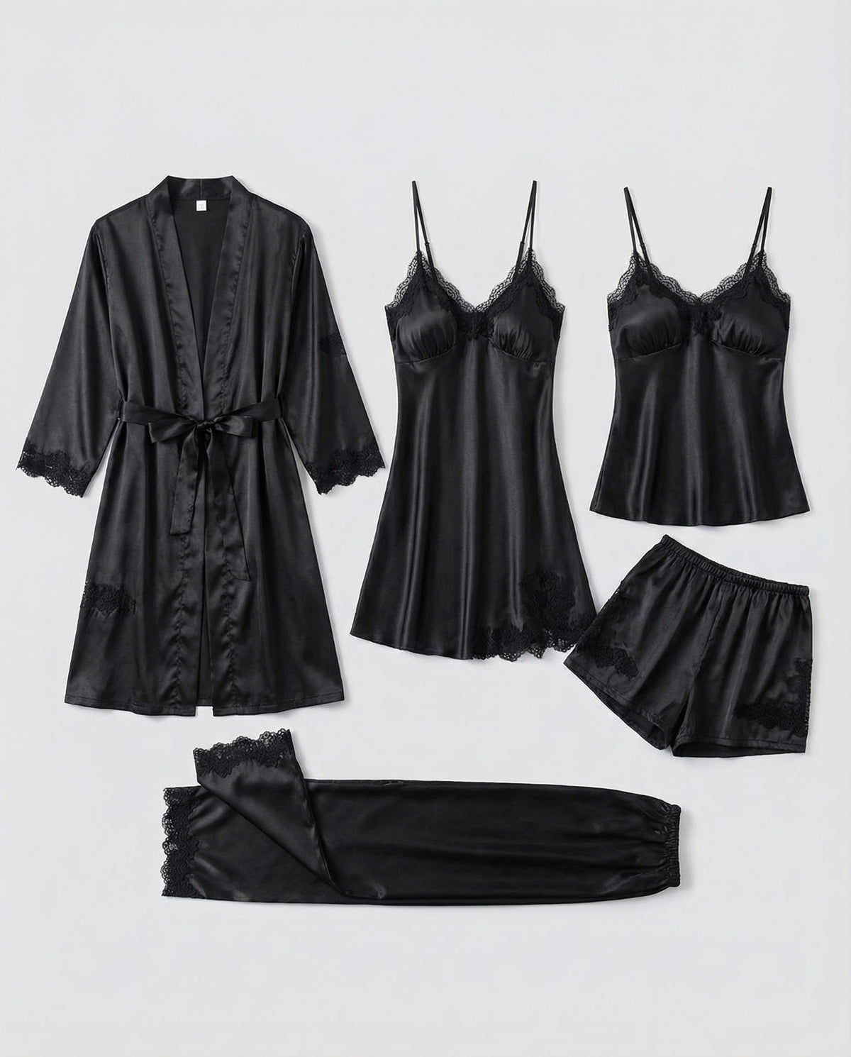 Conjunto de pijama para mujer con detalles de encaje y kimono con cinturón – elegante conjunto de ropa cómoda para relajarse, disfrutar de las noches y pasar días cómodos