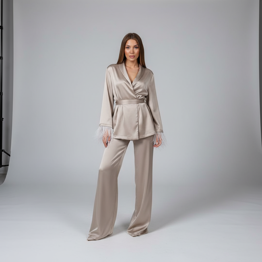Women's Satin Loungewear Set with Feather Cuffs – Elegant 2-Piece Set for Relaxation, Home, Evening Wear, and Special Occasions