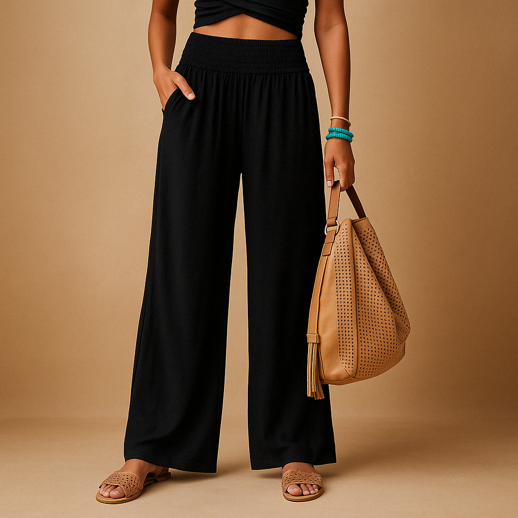 Women's Lightweight High-Waisted Wide-Leg Summer Pants - Breathable Design with Elastic Waist and Pockets for Vacations, Travel, and Everyday Wear