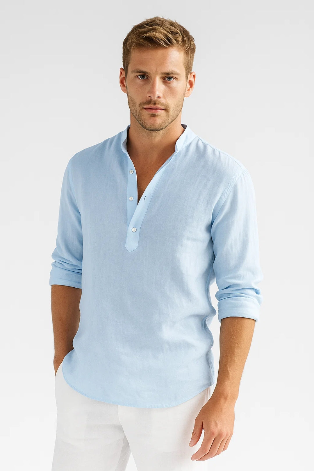 Camisa de lino para hombre con cuello mao y cierre de media botonadura: camisa veraniega informal para vacaciones, tiempo libre, uso diario y estilo smart casual