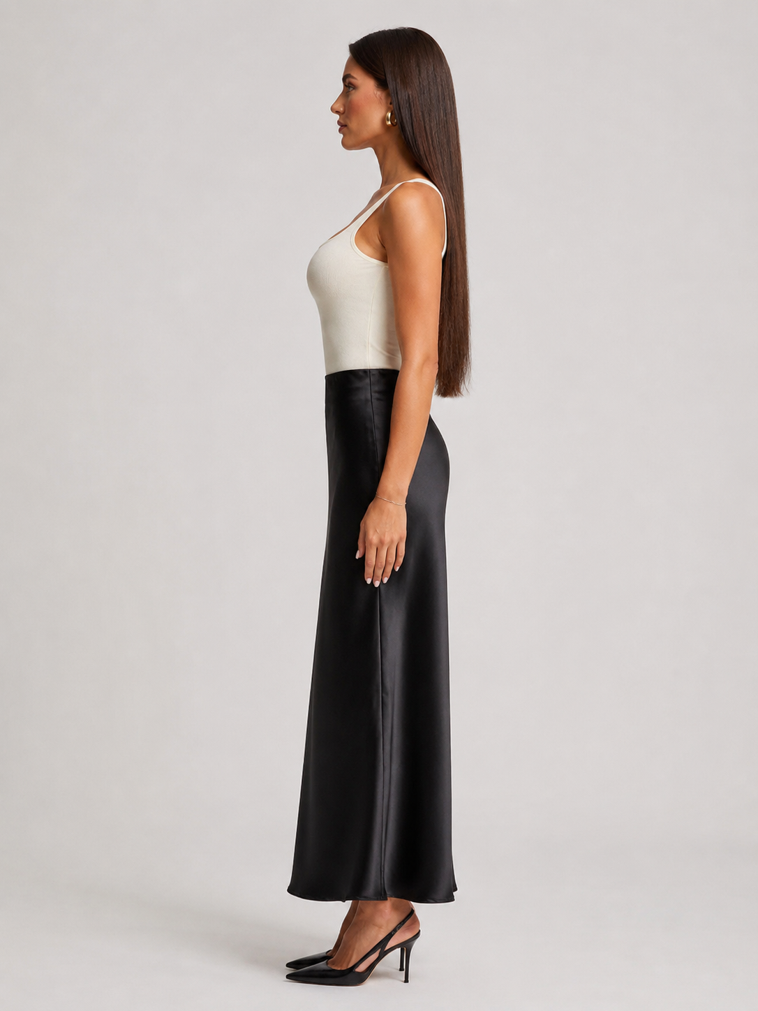 Falda larga de satén para mujer, de cintura alta y línea A, con brillo suave - falda elegante y fluida para cenas, fiestas y ocasiones especiales