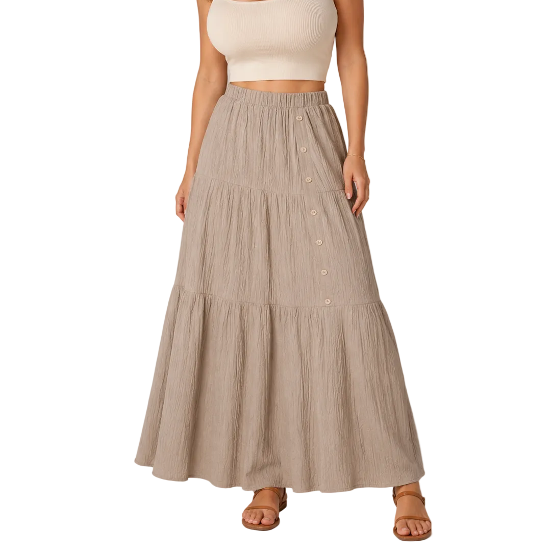 Falda larga bohemia para mujer, con diseño de varias capas, cintura alta elástica y cierre frontal de botones - falda de verano ligera para las vacaciones, el uso diario y un estilo informal