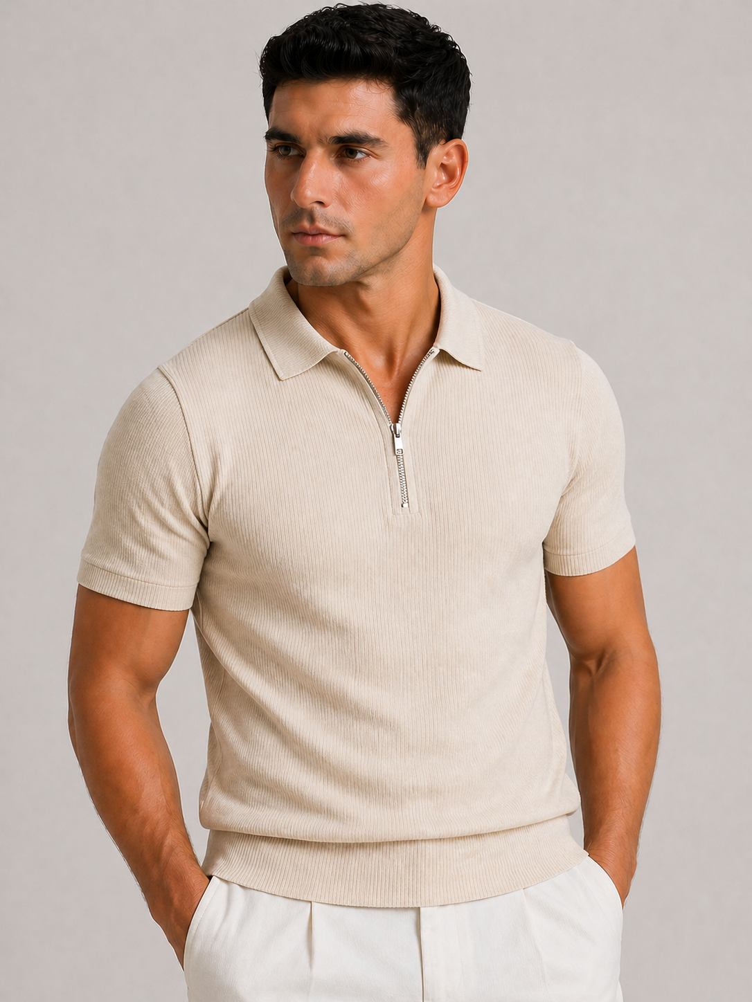 Poloshirt Glat Struktur Slim Fit Lynlås Komfort Design