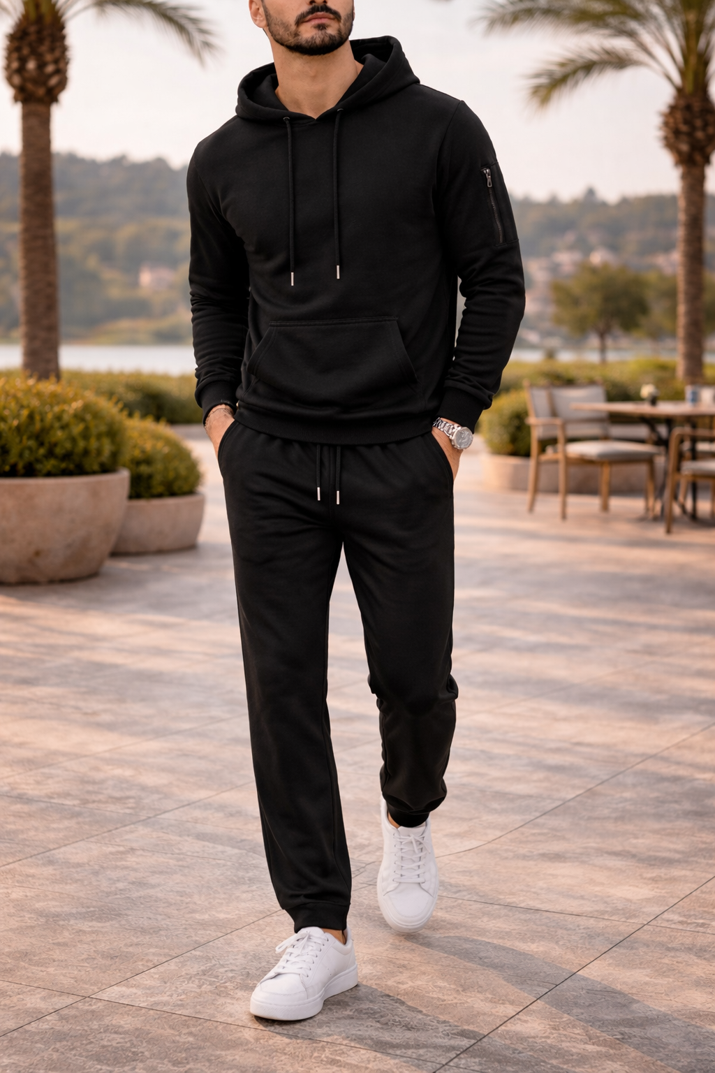 Herre Hættetrøje Og Joggingbukser Tracksuit-Sæt Med Afslappet Pasform