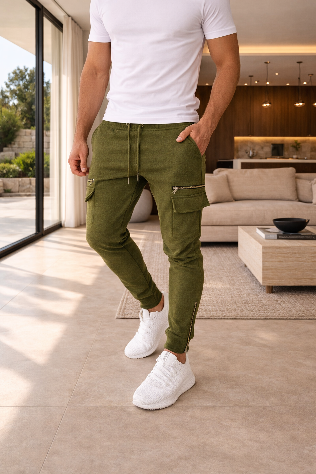 Pantaloni jogger cargo bărbătești cu croială strâmtă și buzunare cu fermoar