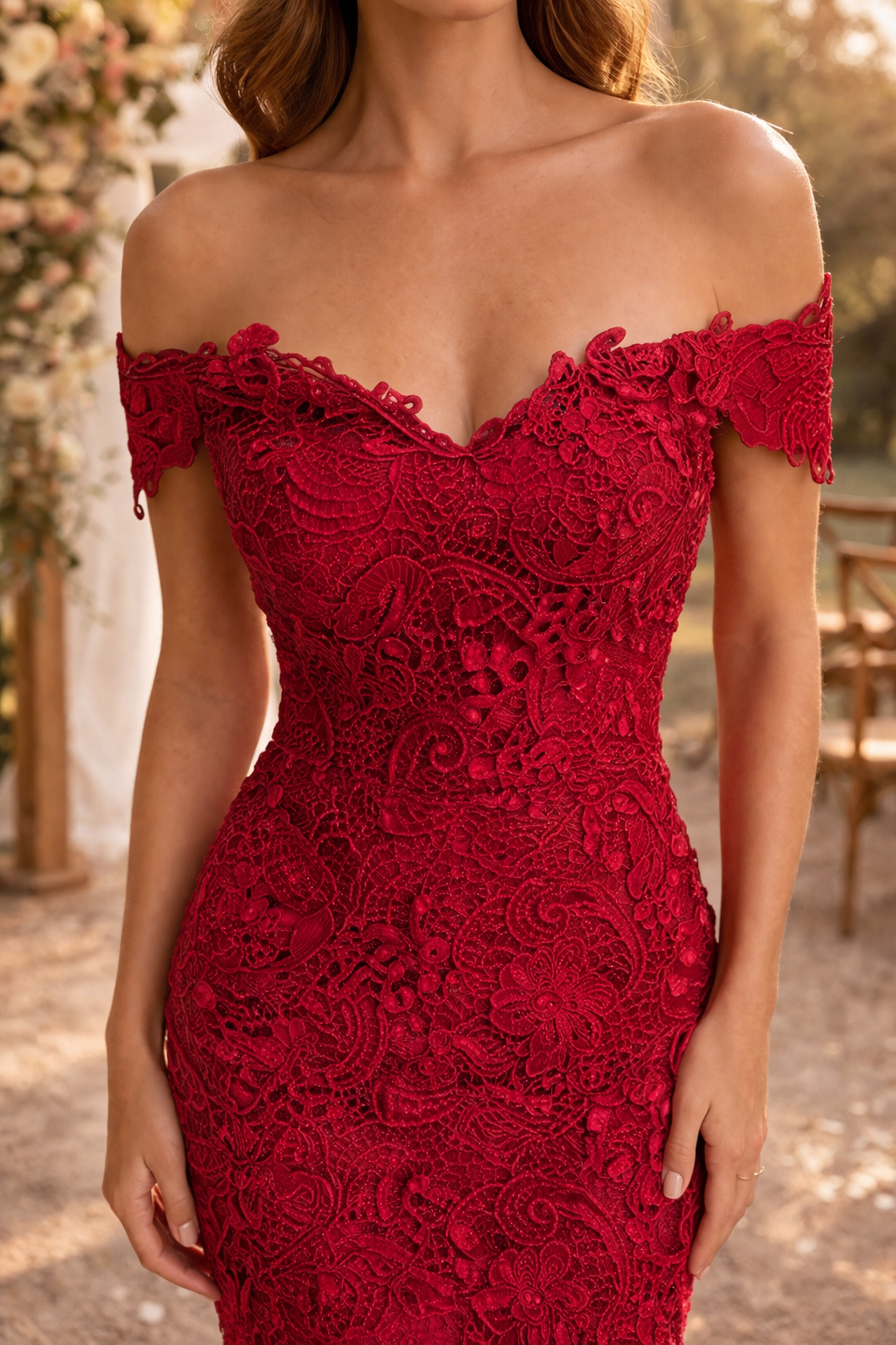 Dame Figursyet Maxikjole Med Blonde Og Off Shoulder-design – Elegant Brudekjole Til Bryllup, Vielse Og Særlige Anledninger