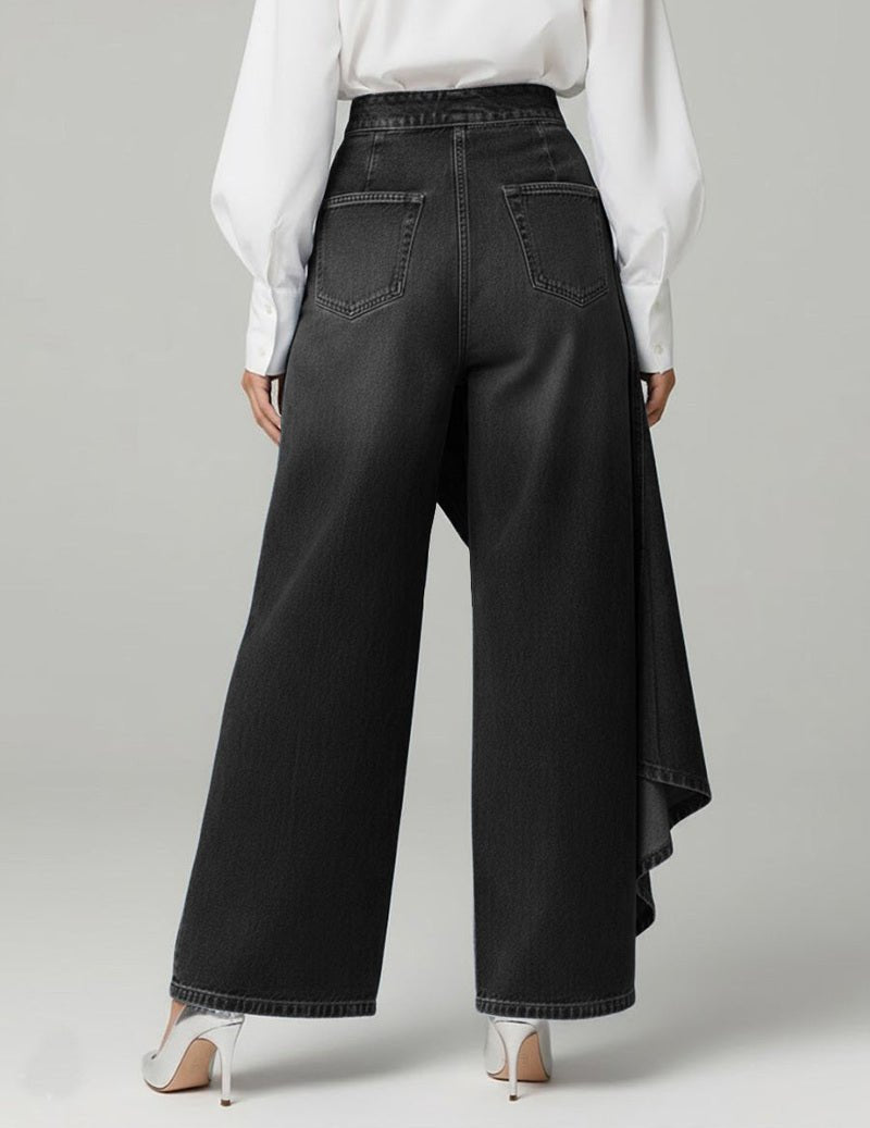 Women’s asymmetrical denim trousers with a wrap design and wide legs – Modern trousers for everyday wear, leisure, vacations, and smart-casual style