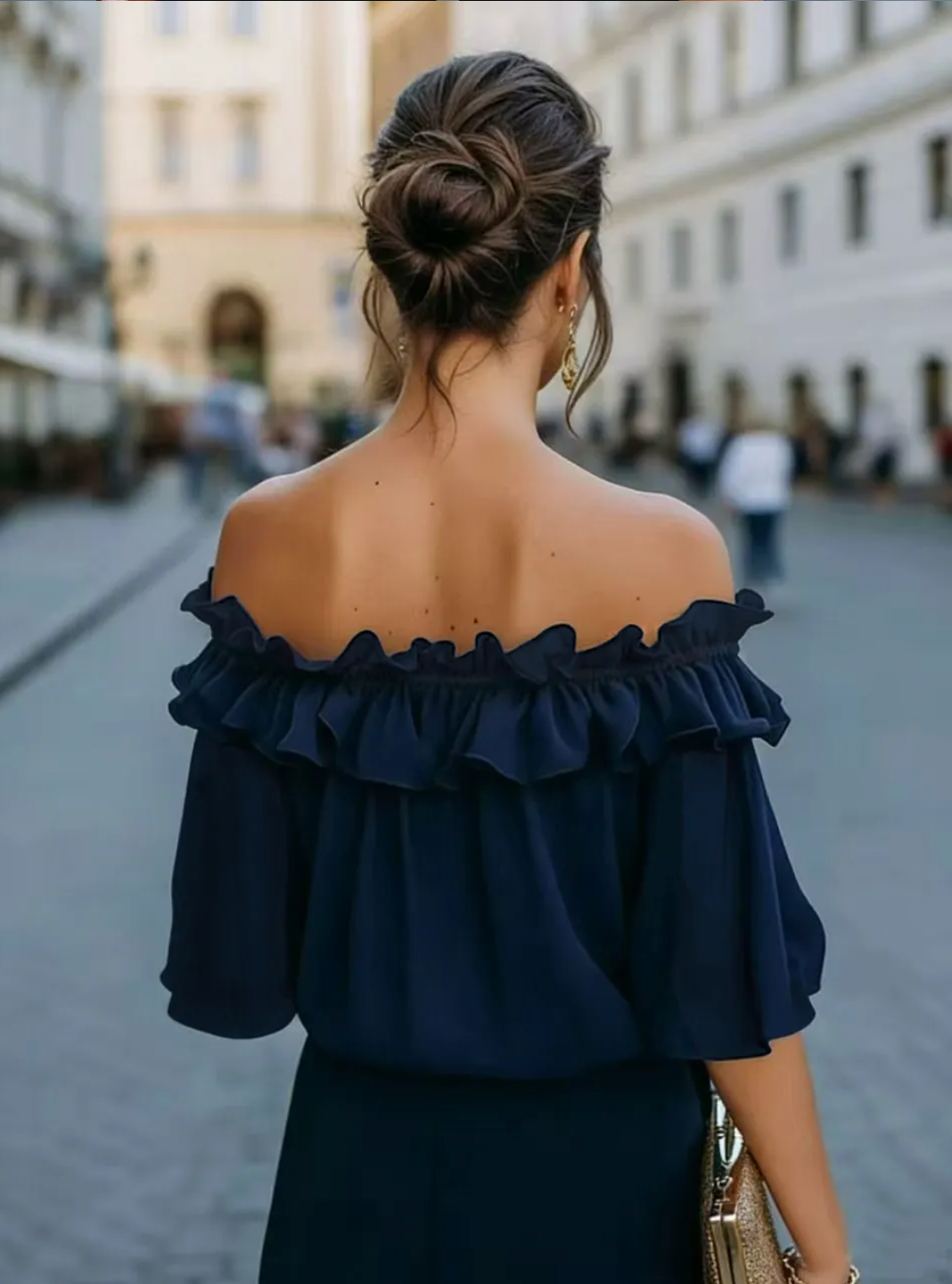 Dame Afslappet Off Shoulder Bluse Med Flæser Og Korte Ærmer