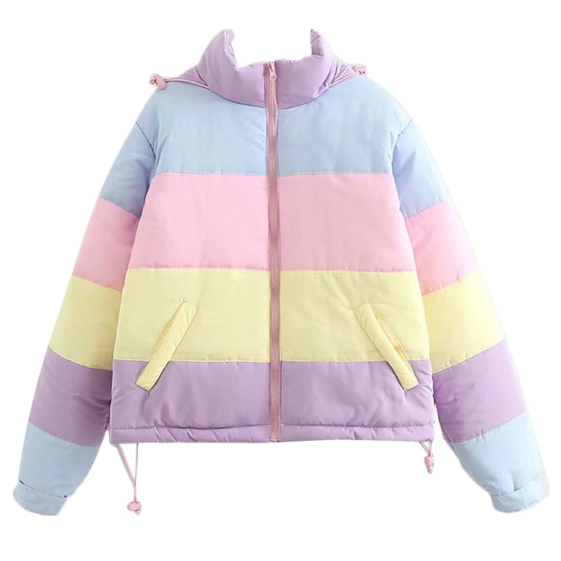 Chaqueta puffer corta para mujer con capucha y cuello alto - Diseño de bloques de color pastel para el invierno, el uso diario y el tiempo libre