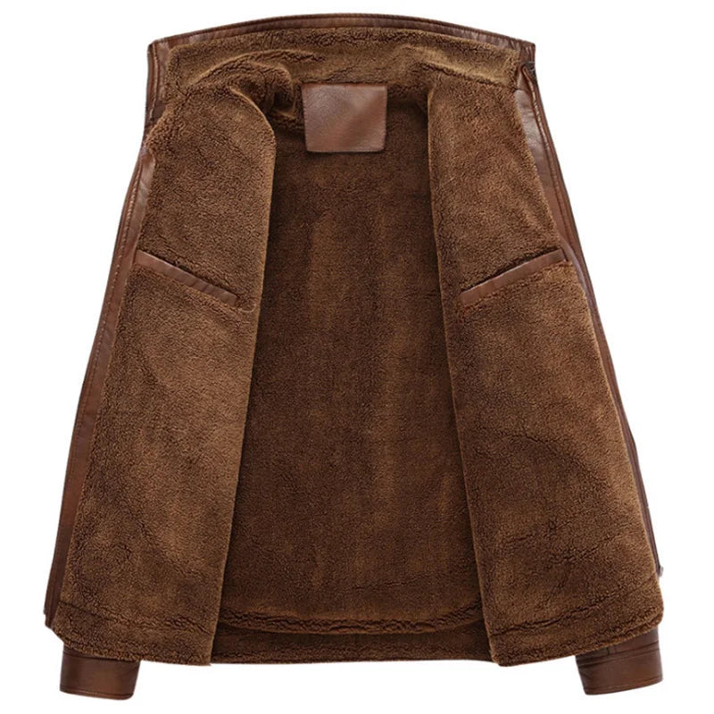 Chaqueta de cuero para hombre con forro polar y varios bolsillos - Chaqueta utilitaria cálida para otoño, invierno, uso diario y tiempo libre