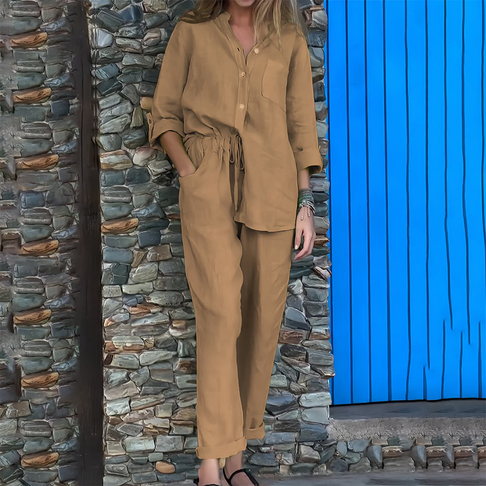 Conjunto casual de 2 piezas para mujer de algodón y lino con camisa sin cuello y cierre de botones - conjunto informal con pantalones tapered para el día a día, el tiempo libre y los días de verano