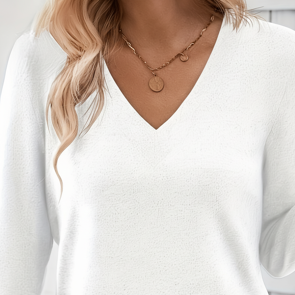 Dame Langærmet Melange Sweater Med V-hals Og Sideknapper