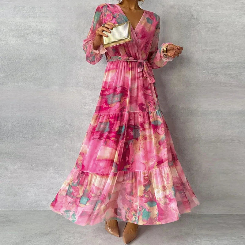 Rochie maxi de damă, cu imprimeu, croială petrecută, design în straturi și cordon – rochie elegantă pentru vacanță, petreceri, nunți și ocazii speciale