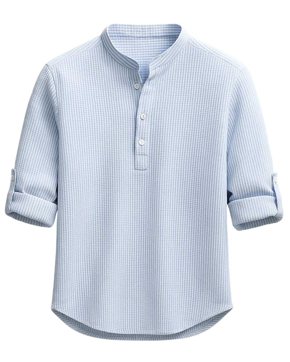 Men's Cotton Shirt with Grandad Collar and Textured Design – Shirt with Half Button Closure and Roll-Up Sleeves for Smart Casual Style, Leisure, and Everyday Wear