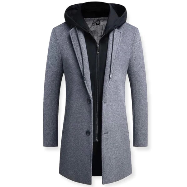 Abrigo largo por capas con capucha para hombre, corte entallado y cierre de botones - abrigo largo con inserto de cremallera para otoño, el día a día y un estilo smart casual