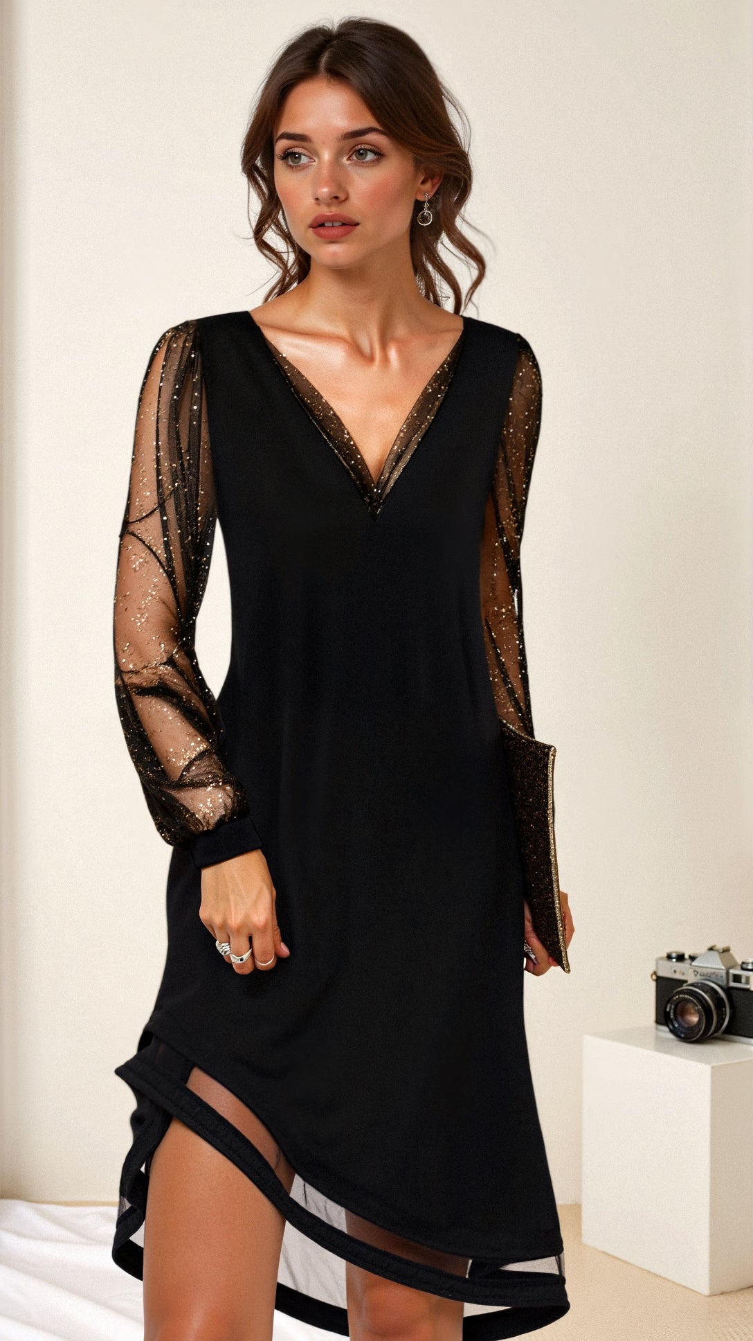 Dame Kjole Med Transparente Ærmer V-Hals Elegant Feststil