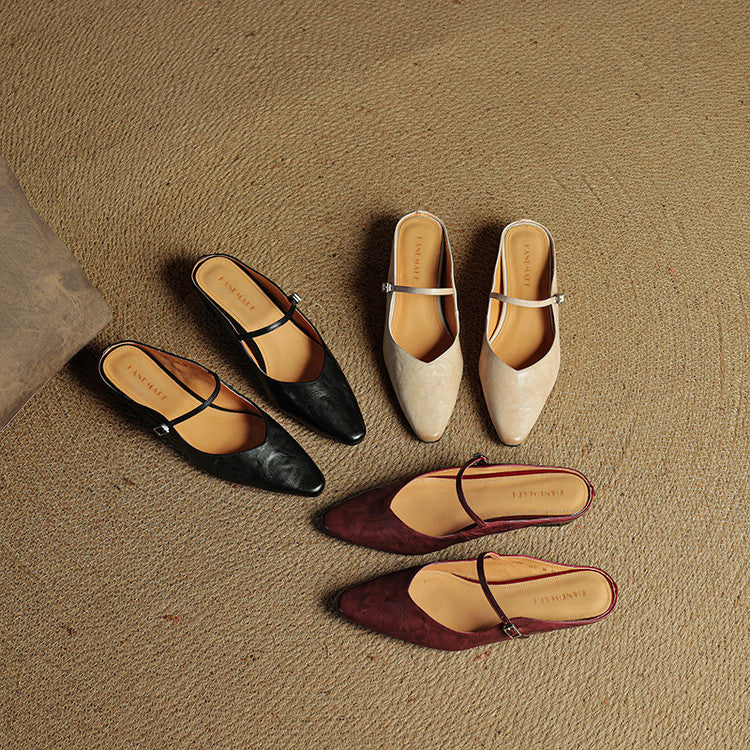 Women's Flat Mules with Pointed Toe and Strap Details – Slip-on Shoes for Everyday Wear, the Office, and Special Occasions
