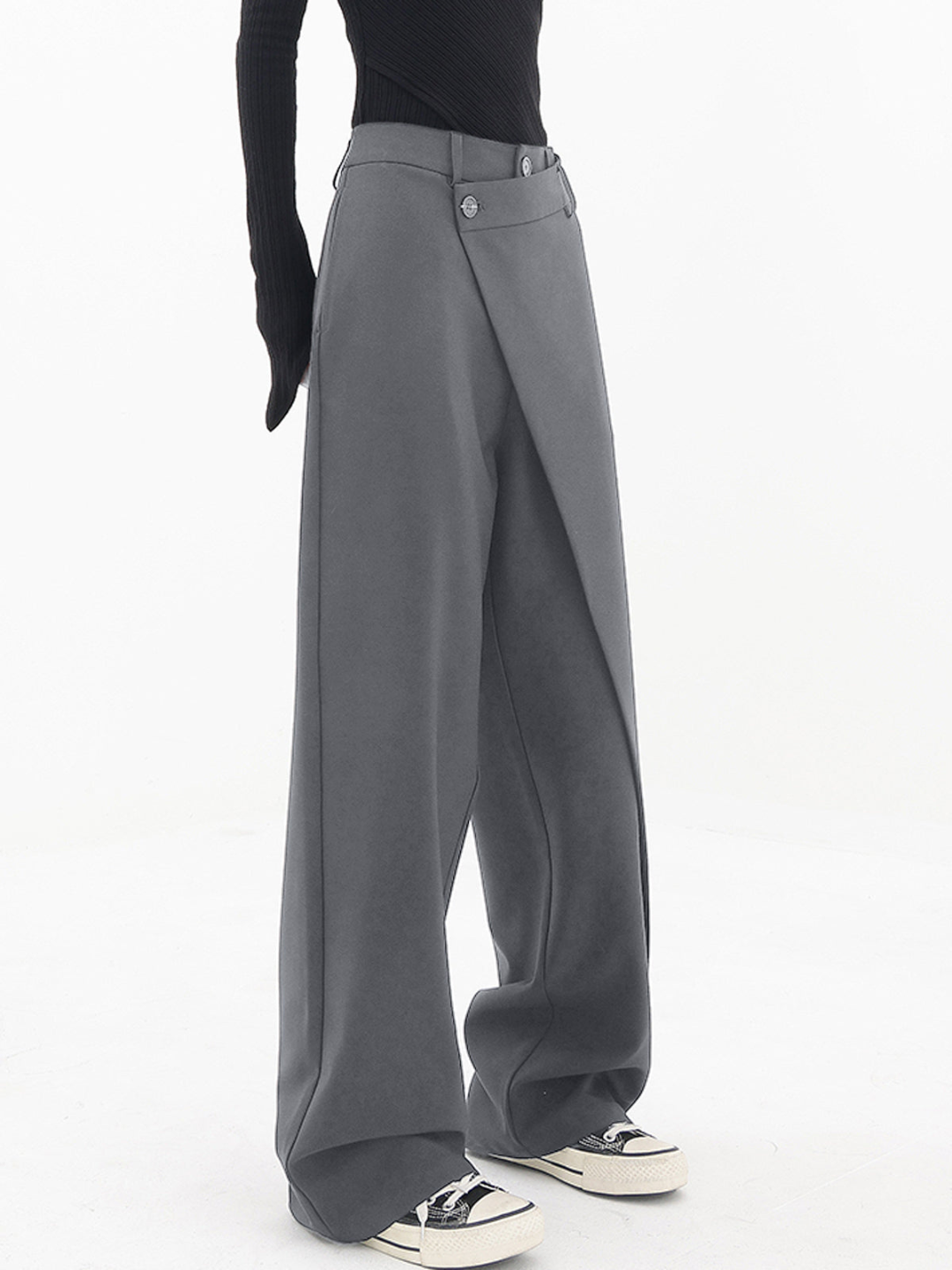 Women's Wide-Leg Pants with Asymmetric Wrap Waist - High-Waisted Design with a Relaxed Fit for Stylish Everyday Outfits