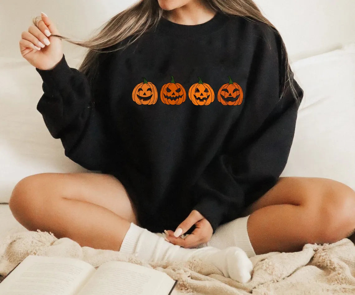 Dámská halloweenská mikina s potiskem dýně a dlouhými rukávy – ležérní pulovr na podzim, pro každodenní nošení a pohodový styl