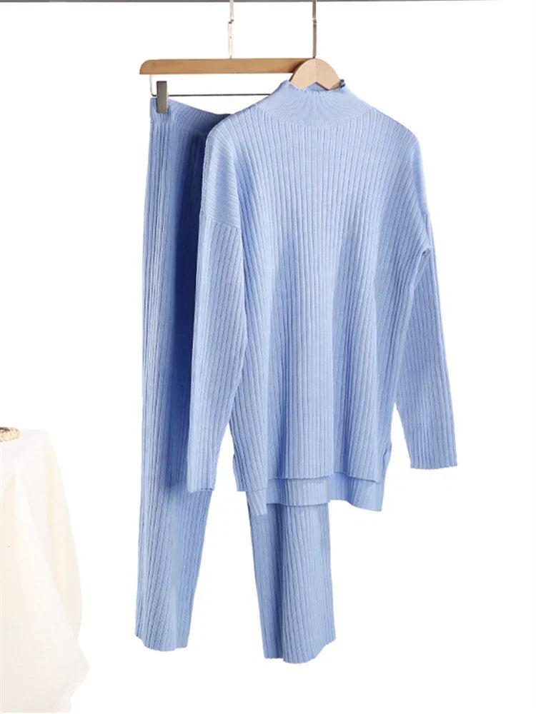 Conjunto de punto de 2 piezas para mujer con jersey largo de cuello alto y pantalones de pierna recta - conjunto informal para el día a día, el tiempo libre y la relajación