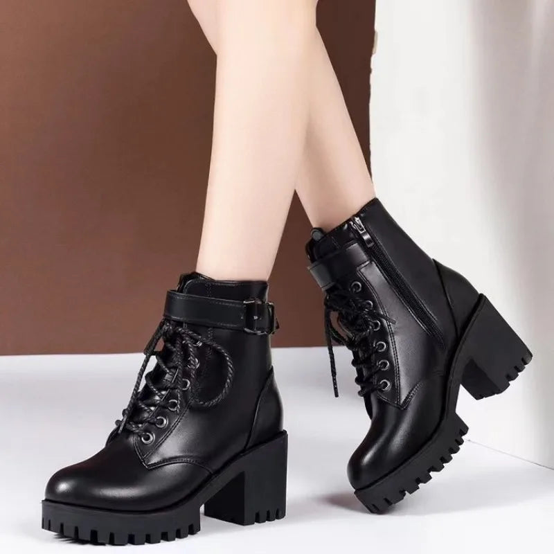 Botas con cordones para mujer con suela de plataforma, tacón de bloque grueso y cierre lateral – Modernos botines para otoño, invierno, uso diario y tiempo libre