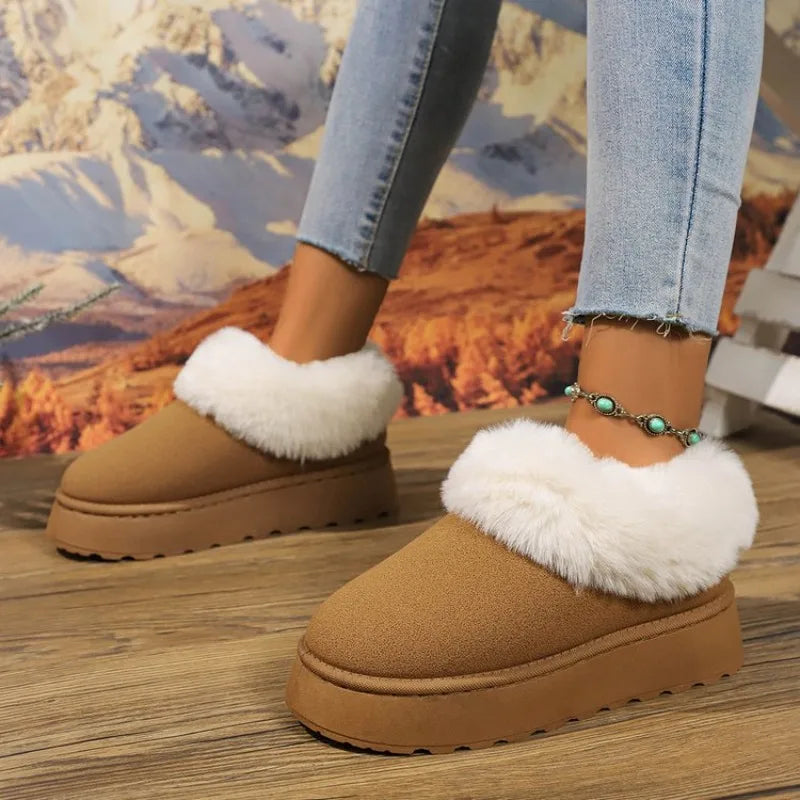 Botas de nieve para mujer de ante sintético con forro de felpa, diseño sin cordones y suela gruesa antideslizante – botines de invierno cálidos para días fríos, uso diario y actividades al aire libre