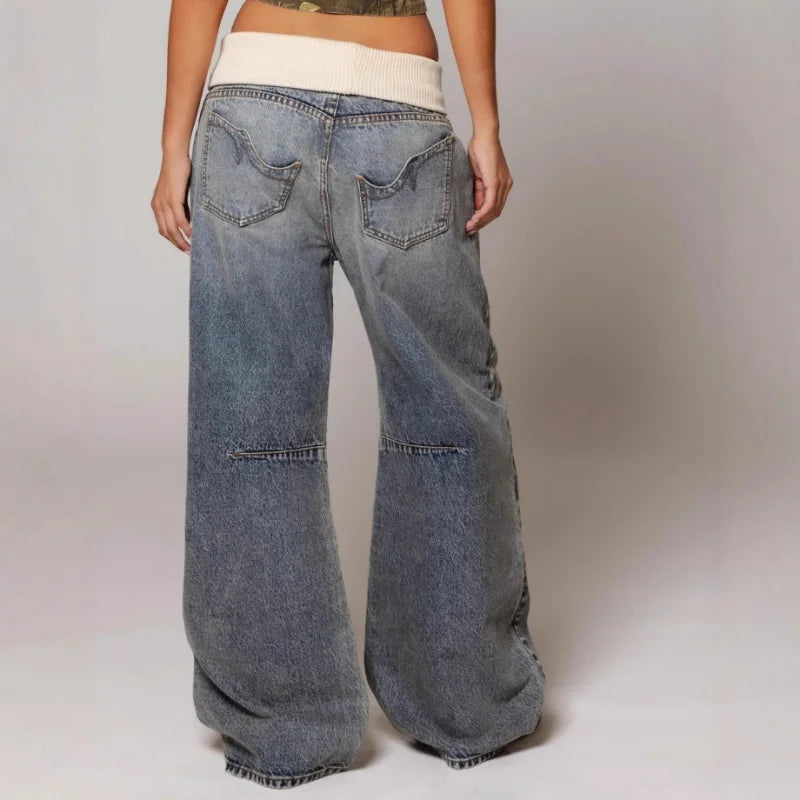 Damskie luźne dżinsy z szerokimi nogawkami i prążkowaną talią – wygodne elastyczne spodnie dżinsowe w stylu streetwear i do noszenia na co dzień