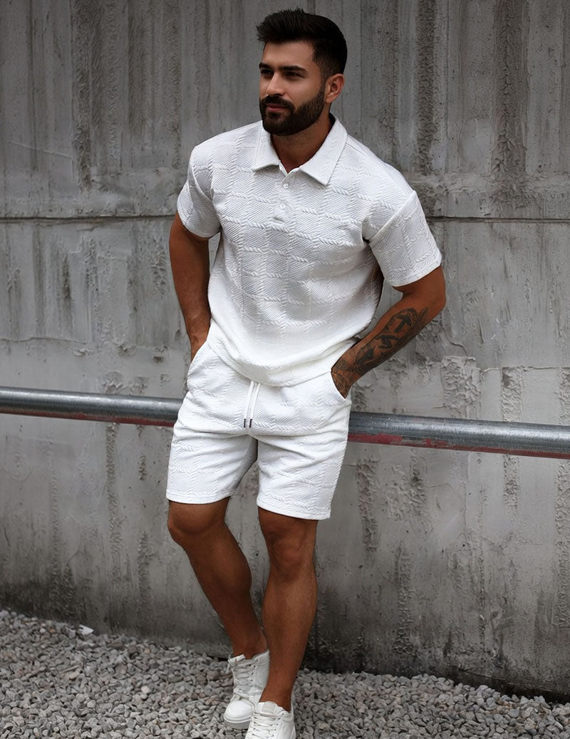 Herre Outfitsæt Med Tekstureret Poloshirt Og Shorts