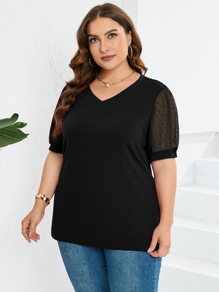 Dame V-Hals Top – Transparent Bluse Med Pufærmer Til Sommer