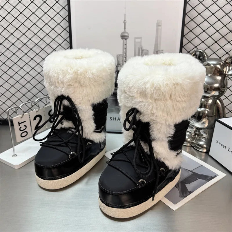 Botas de nieve impermeables para mujer con detalles de felpa, cordones y suela gruesa con dibujo – botas de invierno cálidas para días fríos, uso diario y actividades al aire libre